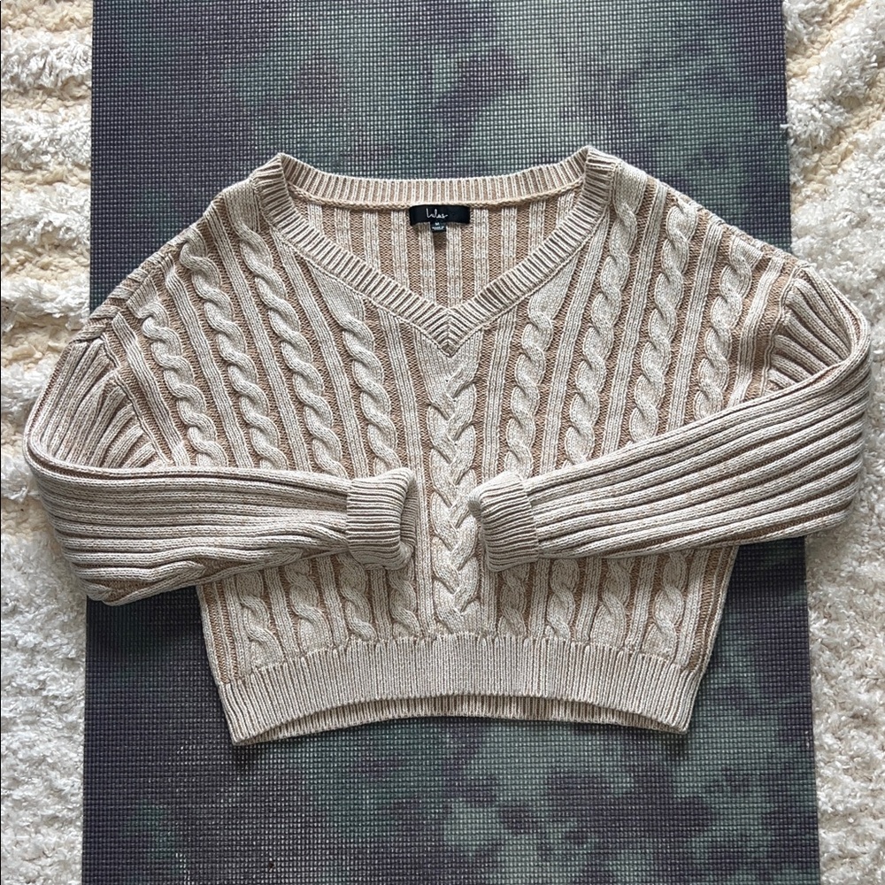 Lulu's Cream and Tan V-Neck Cable Knit Sweater